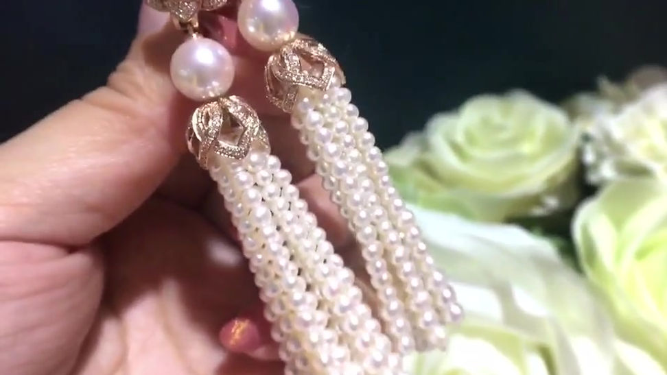 Famous Tassel Style! AAAA 8.5-9mm Akoya Pearl Clip-on Earrings 18k Gold w/ Diamd